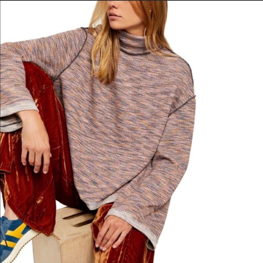 FREE PEOPLE Sunny Days Flared Sleeve Woven Knit Turtleneck Maroon Sweater NWT